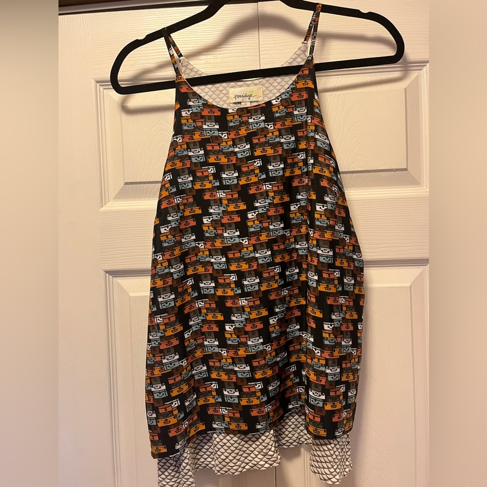 Anthropologie “Porridge” layered suitcase print top
